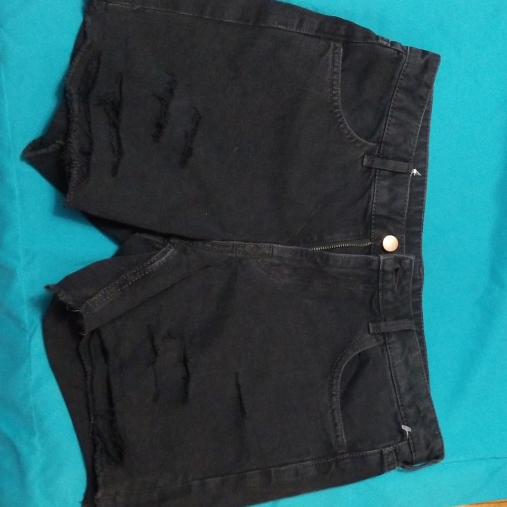 Distressed Black Shorts